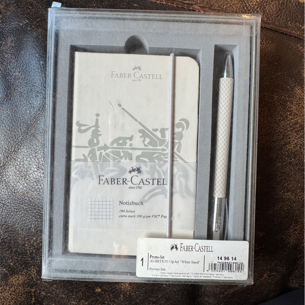 NWT Faber-Castell Ambition OpArt "White Sand" Silver Pen and Notepad Set